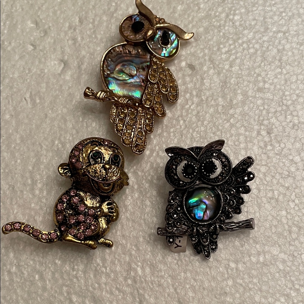 Gold and Silver 2Owls  and Monkey Brooch Set of 3